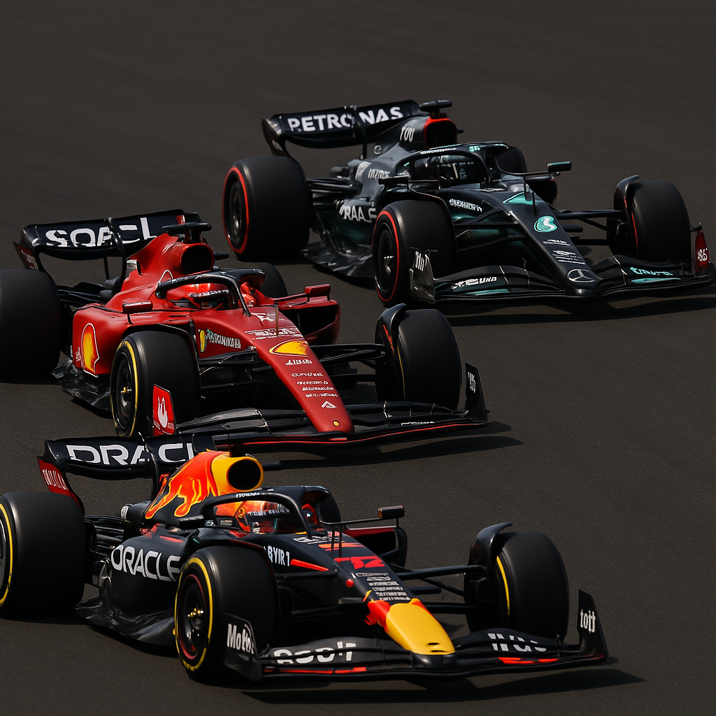 Quatre Formule 1 modernes alignées dans un paddock, représentant les écuries Ferrari, Red Bull, Mercedes et McLaren, avec des livrées distinctives et un design aérodynamique travaillé.